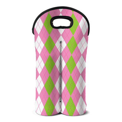 Green Pink And White Argyle Print Double Neoprene Wine Tote