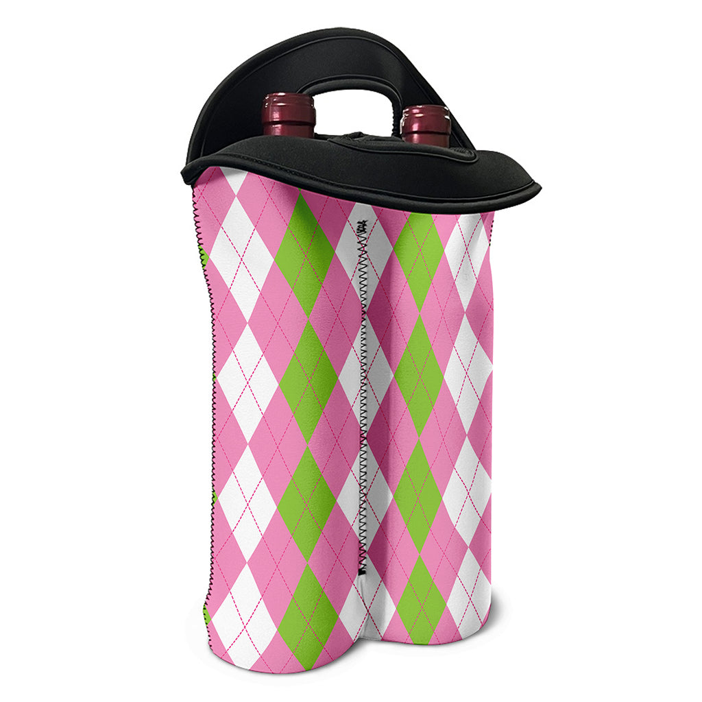 Green Pink And White Argyle Print Double Neoprene Wine Tote