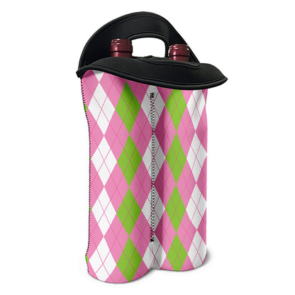 Green Pink And White Argyle Print Double Neoprene Wine Tote