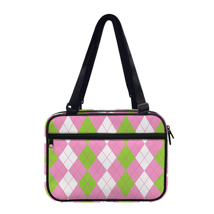Green Pink And White Argyle Print Double Strap Bible Bag