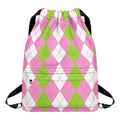 Green Pink And White Argyle Print Drawstring Backpack
