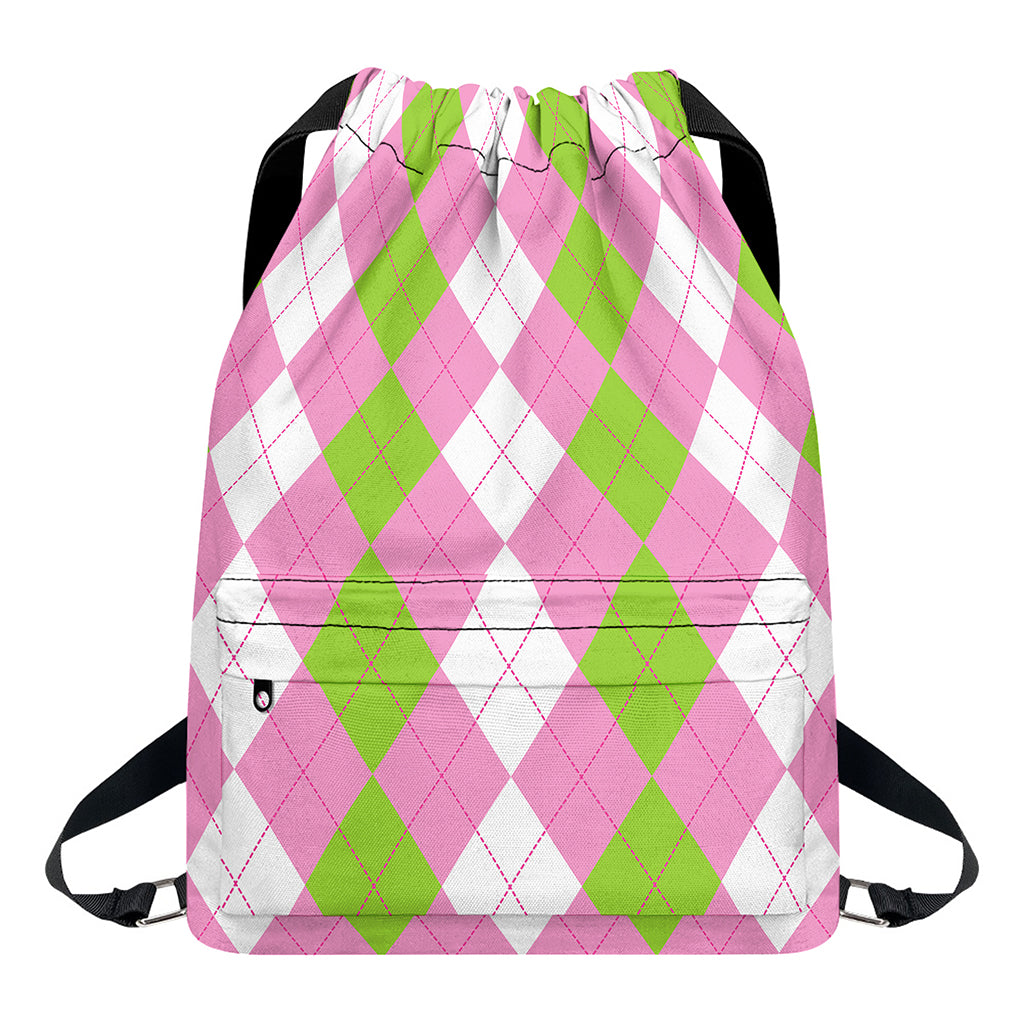 Green Pink And White Argyle Print Drawstring Backpack