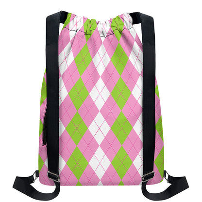 Green Pink And White Argyle Print Drawstring Backpack