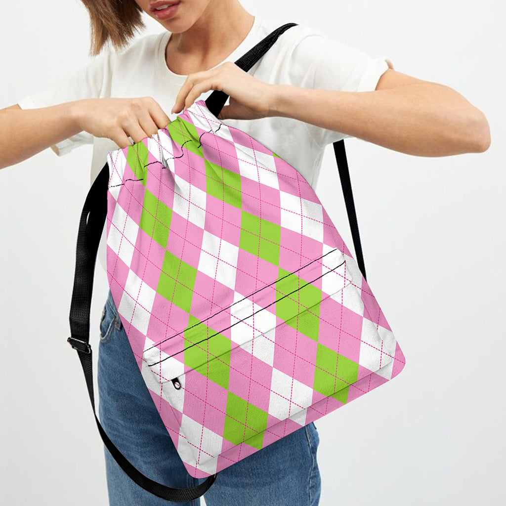 Green Pink And White Argyle Print Drawstring Backpack