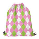 Green Pink And White Argyle Print Drawstring Bag