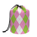 Green Pink And White Argyle Print Drawstring Makeup Bag