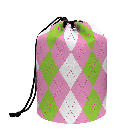 Green Pink And White Argyle Print Drawstring Makeup Bag
