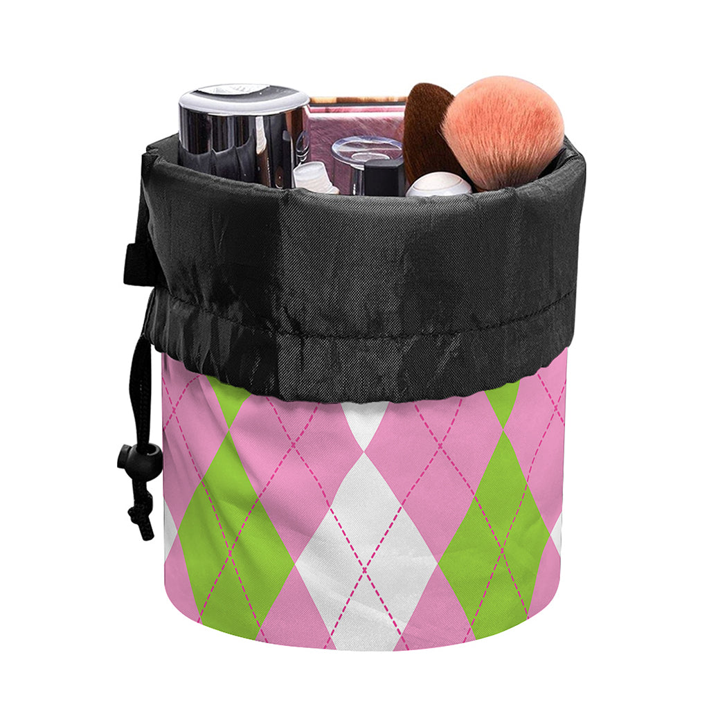Green Pink And White Argyle Print Drawstring Makeup Bag
