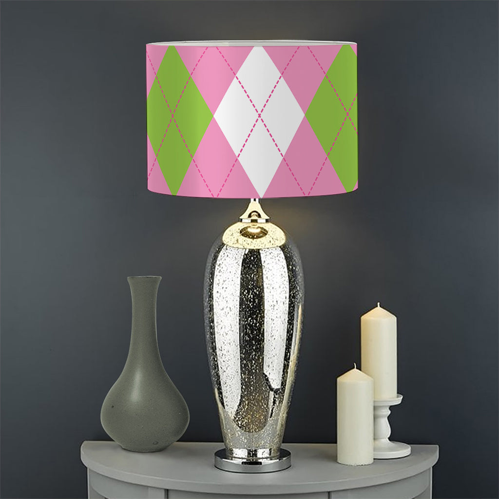 Green Pink And White Argyle Print Drum Lamp Shade