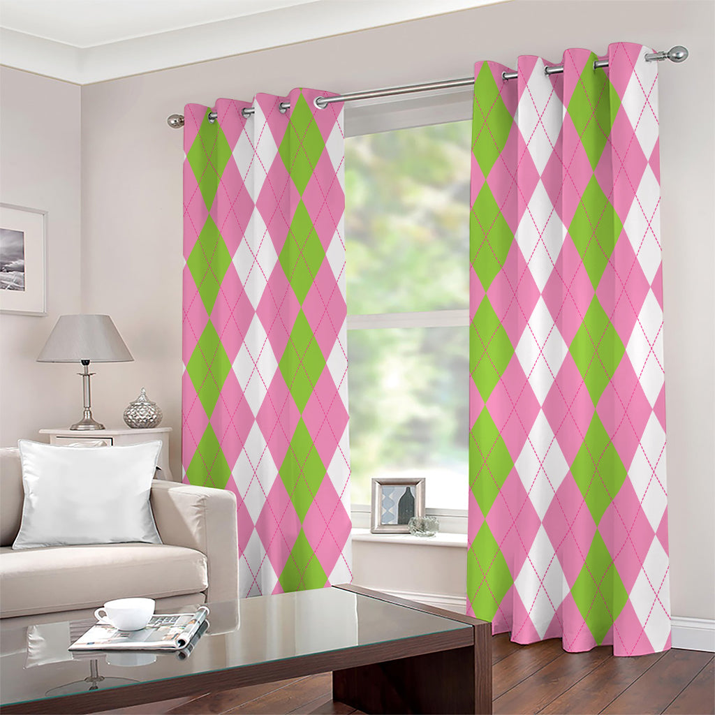 Green Pink And White Argyle Print Extra Wide Grommet Curtains