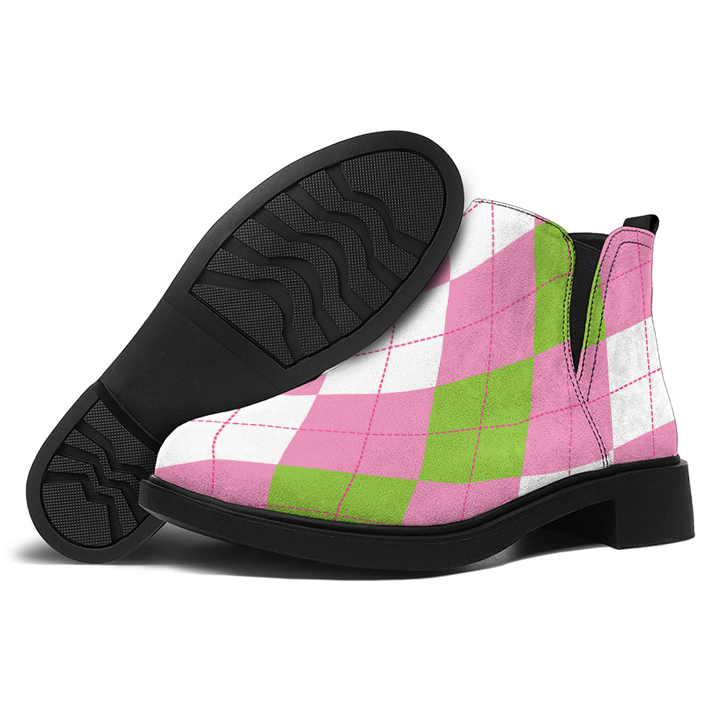 Green Pink And White Argyle Print Flat Ankle Boots