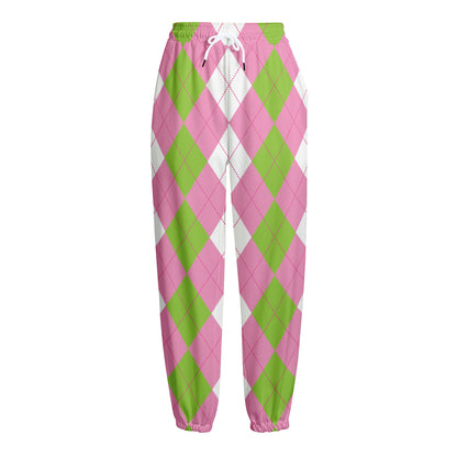 Green Pink And White Argyle Print Fleece Lined Knit Pants
