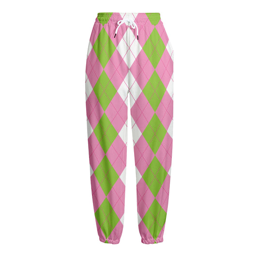 Green Pink And White Argyle Print Fleece Lined Knit Pants
