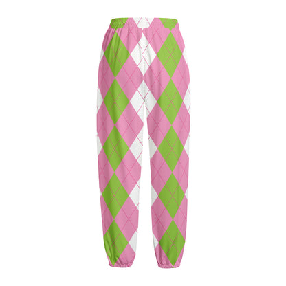 Green Pink And White Argyle Print Fleece Lined Knit Pants