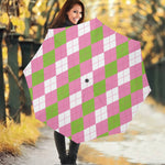 Green Pink And White Argyle Print Foldable Umbrella