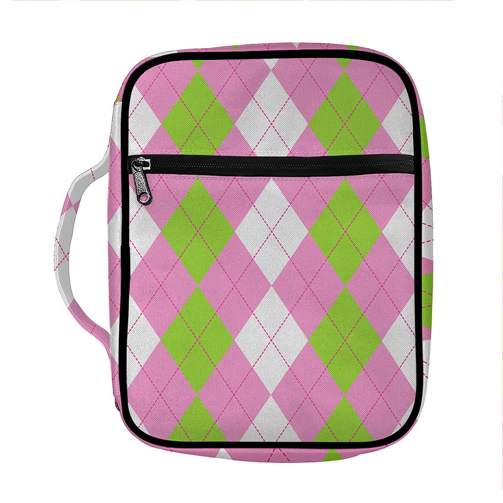 Green Pink And White Argyle Print Front Pocket Bible Bag