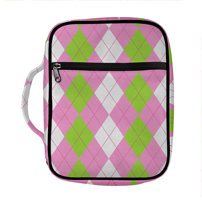 Green Pink And White Argyle Print Front Pocket Bible Bag