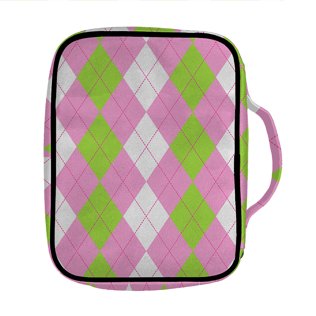 Green Pink And White Argyle Print Front Pocket Bible Bag