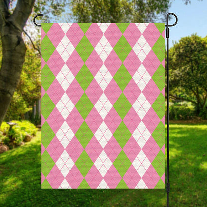 Green Pink And White Argyle Print Garden Flag