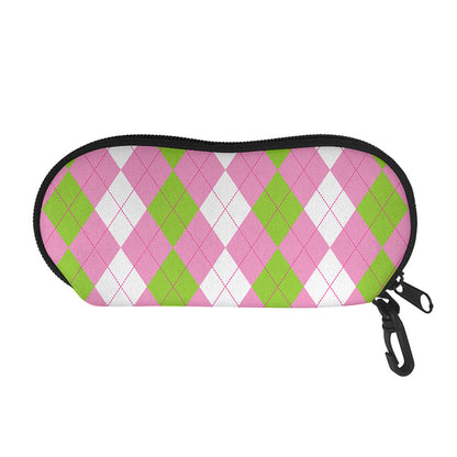 Green Pink And White Argyle Print Glasses Case