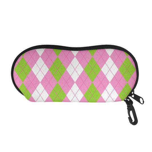 Green Pink And White Argyle Print Glasses Case