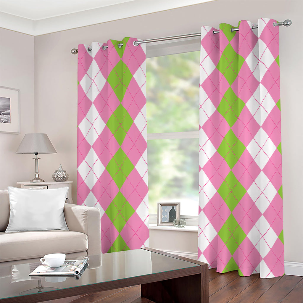 Green Pink And White Argyle Print Grommet Curtains