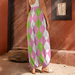 Green Pink And White Argyle Print Harem Pants