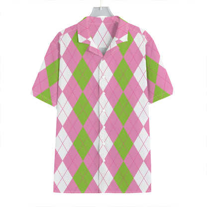 Green Pink And White Argyle Print Hawaiian Shirt