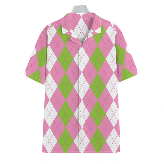 Green Pink And White Argyle Print Hawaiian Shirt