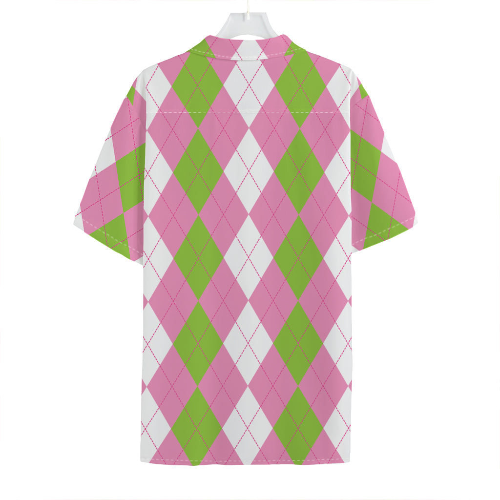 Green Pink And White Argyle Print Hawaiian Shirt