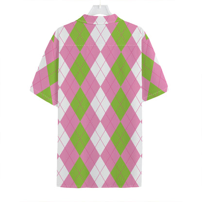 Green Pink And White Argyle Print Hawaiian Shirt