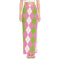 Green Pink And White Argyle Print High Slit Maxi Skirt