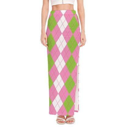 Green Pink And White Argyle Print High Slit Maxi Skirt