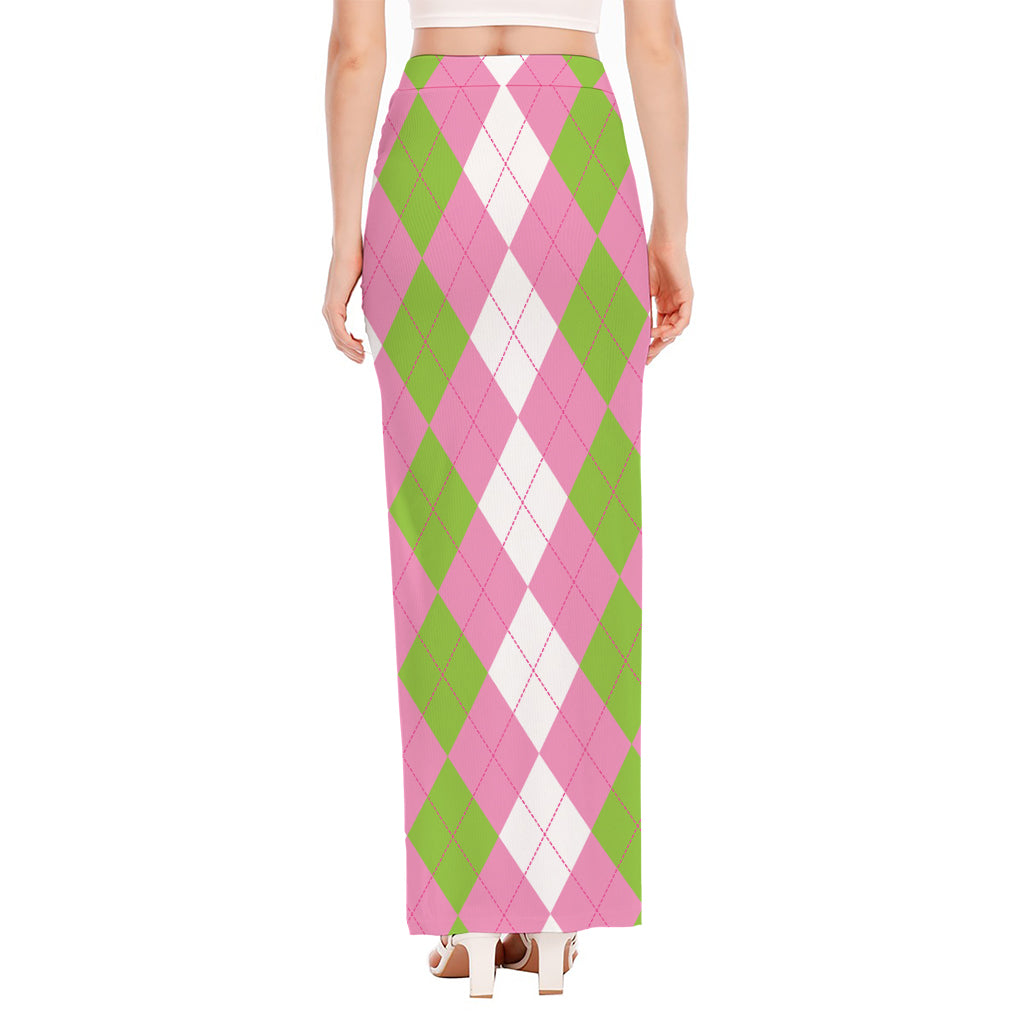 Green Pink And White Argyle Print High Slit Maxi Skirt