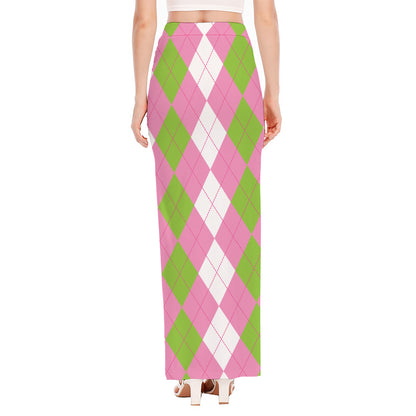 Green Pink And White Argyle Print High Slit Maxi Skirt