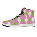 Green Pink And White Argyle Print High Top Leather Sneakers