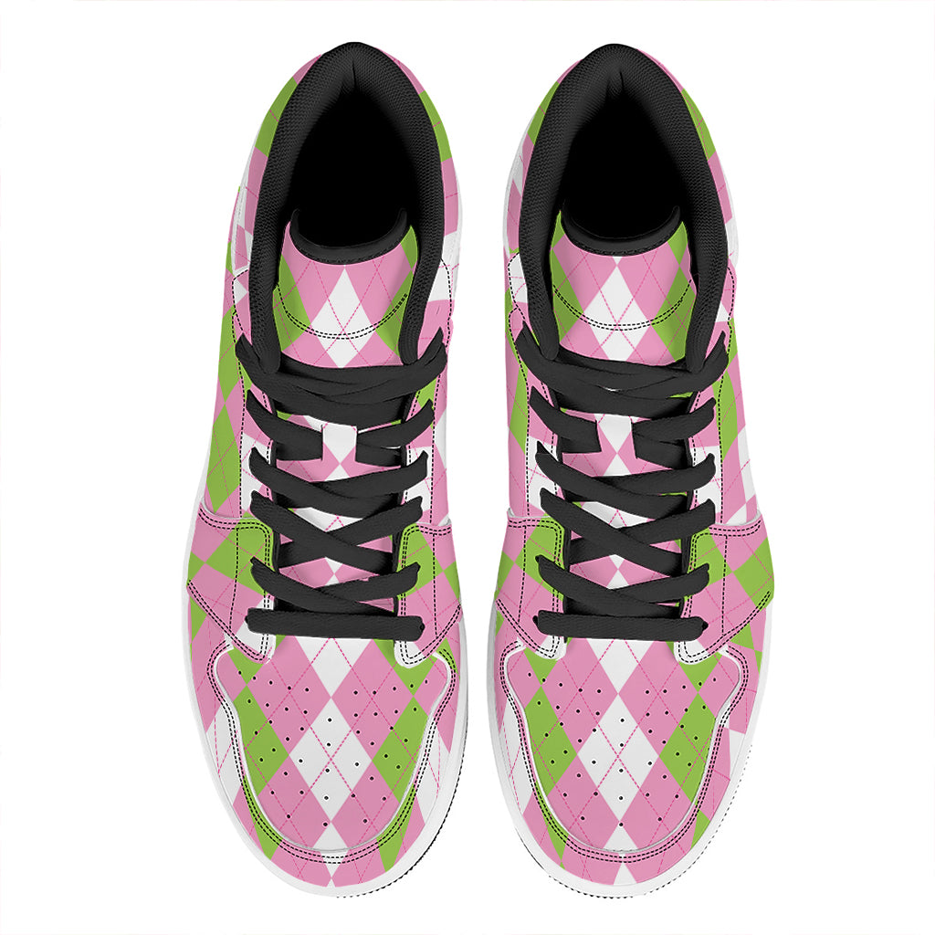 Green Pink And White Argyle Print High Top Leather Sneakers