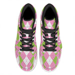 Green Pink And White Argyle Print High Top Leather Sneakers