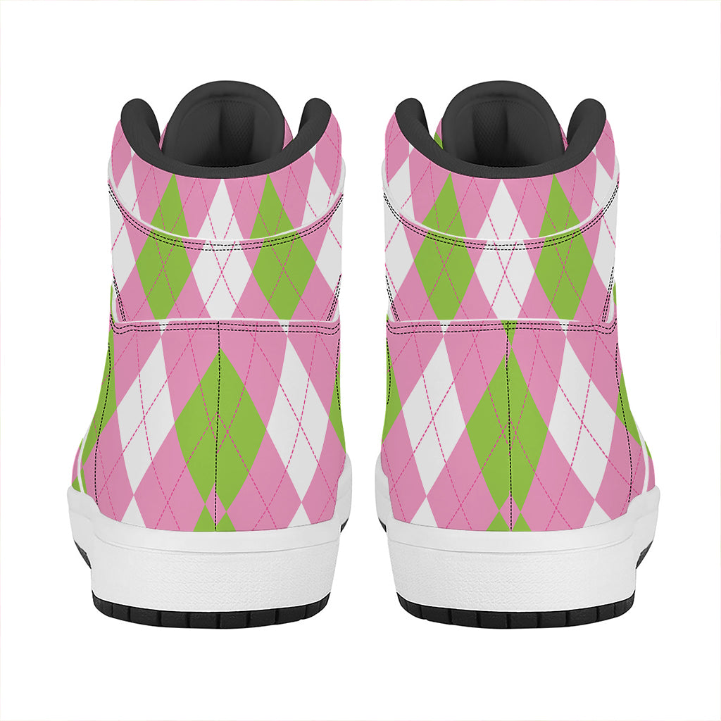 Green Pink And White Argyle Print High Top Leather Sneakers