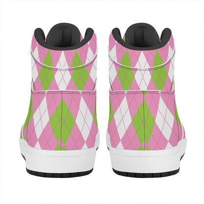 Green Pink And White Argyle Print High Top Leather Sneakers