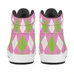 Green Pink And White Argyle Print High Top Leather Sneakers