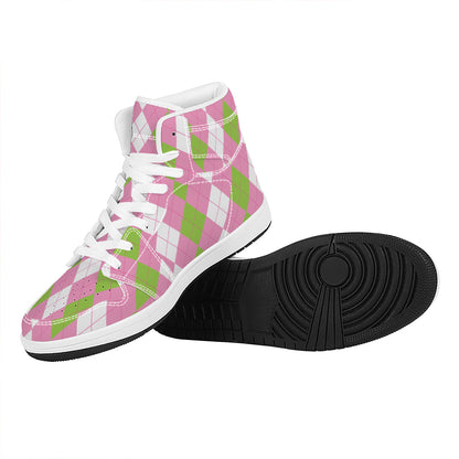 Green Pink And White Argyle Print High Top Leather Sneakers