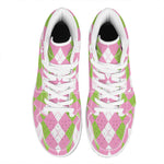 Green Pink And White Argyle Print High Top Leather Sneakers