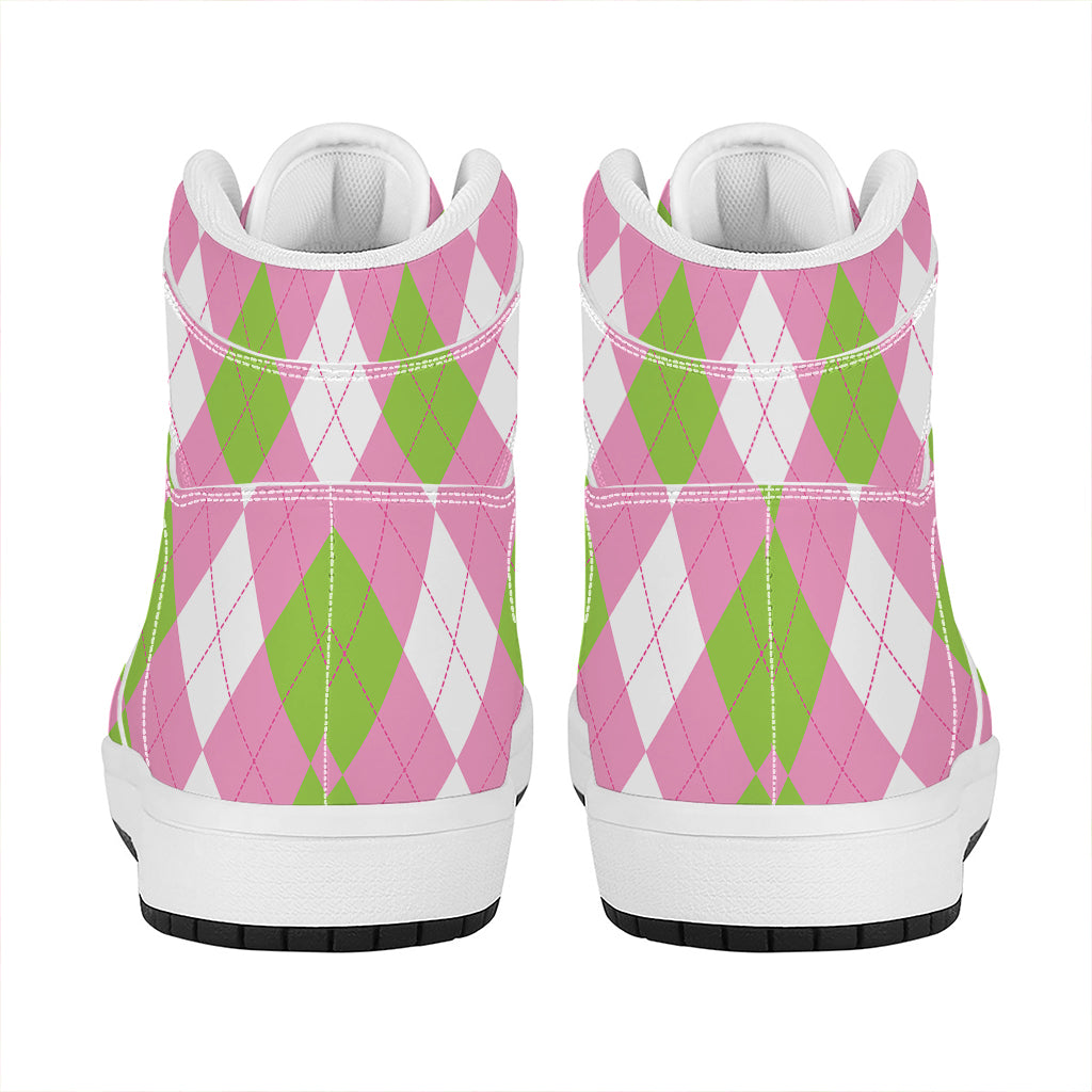 Green Pink And White Argyle Print High Top Leather Sneakers