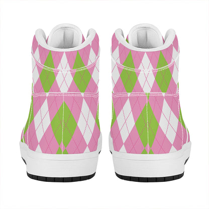 Green Pink And White Argyle Print High Top Leather Sneakers