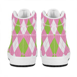 Green Pink And White Argyle Print High Top Leather Sneakers