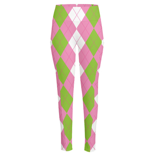Green Pink And White Argyle Print High-Waisted Pocket Leggings