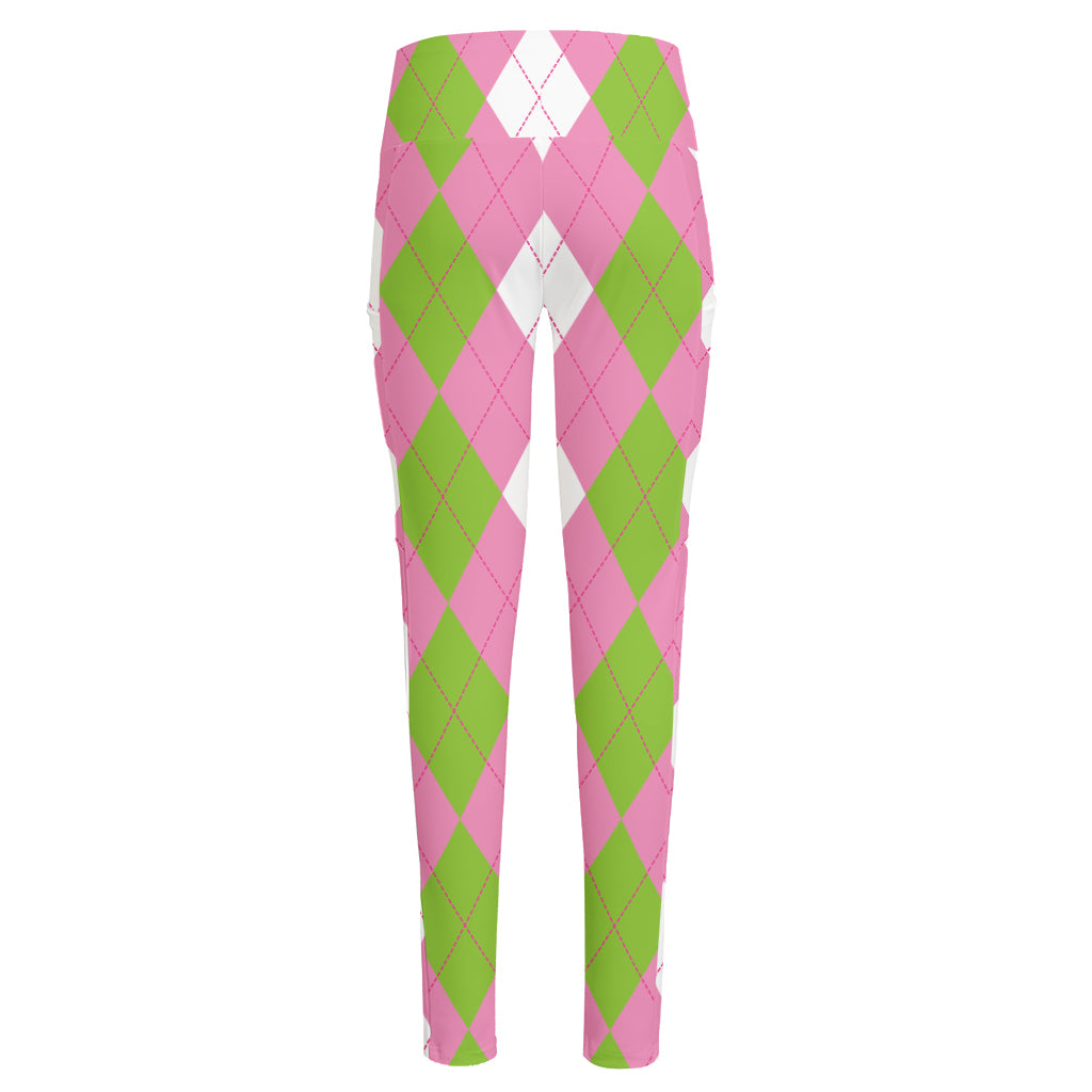 Green Pink And White Argyle Print High-Waisted Pocket Leggings