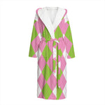 Green Pink And White Argyle Print Hooded Bathrobe