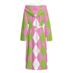 Green Pink And White Argyle Print Hooded Bathrobe